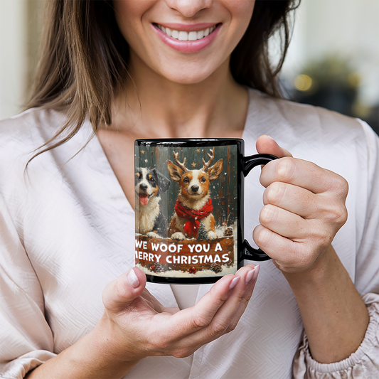 Personalized black ceramic mug- We woof you a Merry Christmas ShineOn Fulfillment